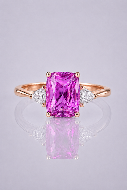 Natural Pinkish Purple Spinel Diamond Trilogy Handcrafted Rose Gold Ring