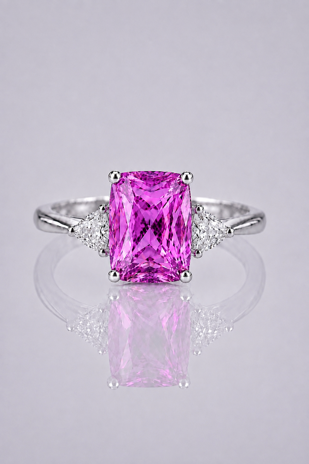 Natural Pinkish Purple Spinel Diamond Trilogy Handcrafted White Gold Ring