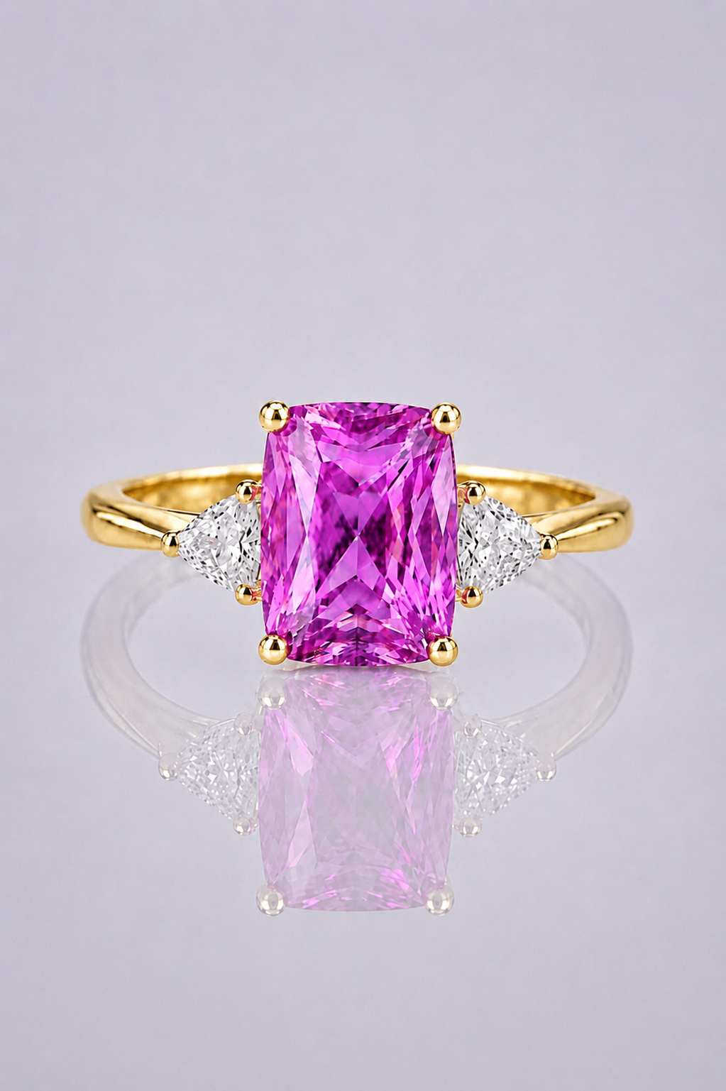 Natural Pinkish Purple Spinel Diamond Trilogy Handcrafted Yellow Gold Ring