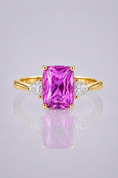 Natural Pinkish Purple Spinel Diamond Trilogy Handcrafted Yellow Gold Ring