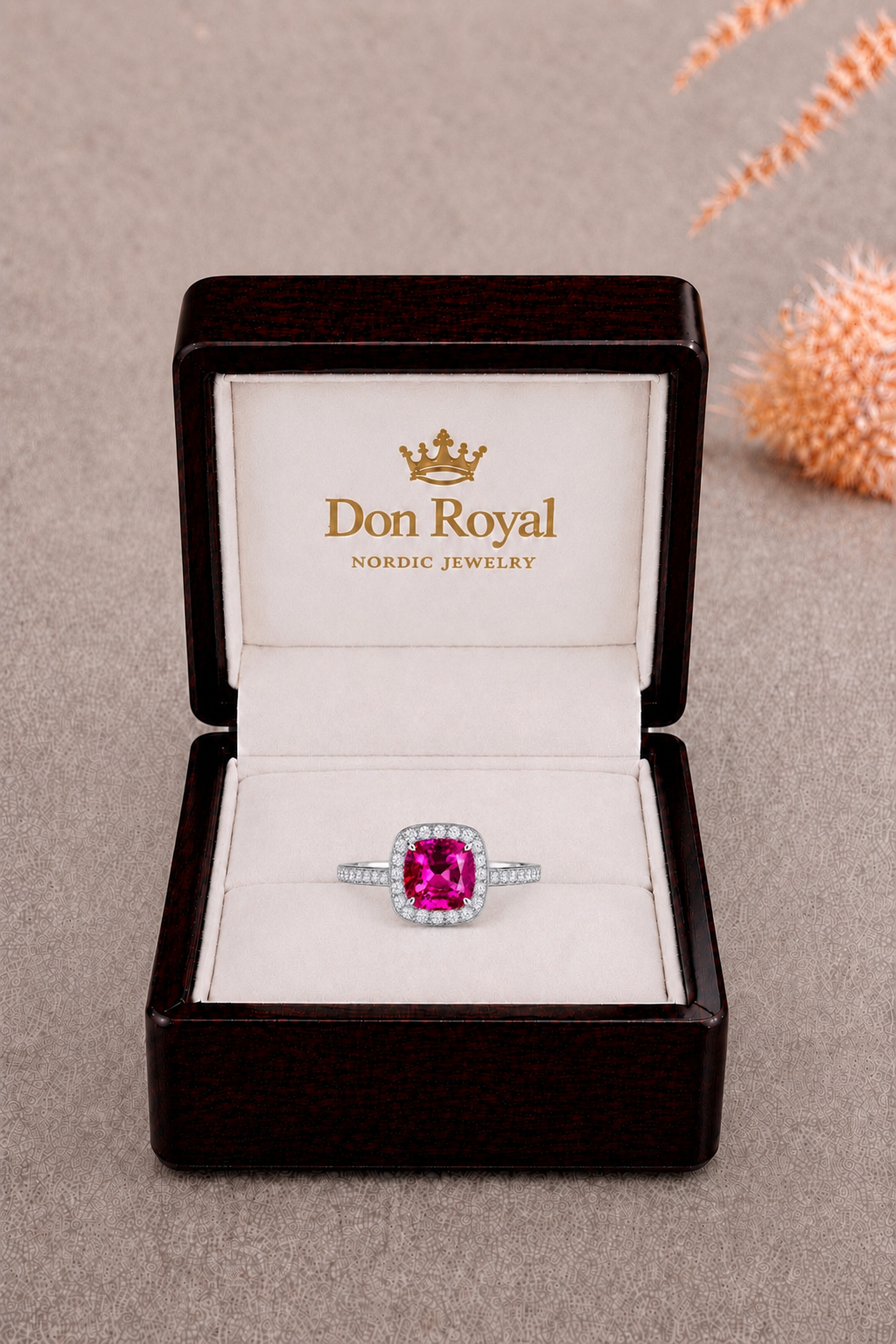 Natural Purple Spinel Diamond Halo Handcrafted Gold Ring Box
