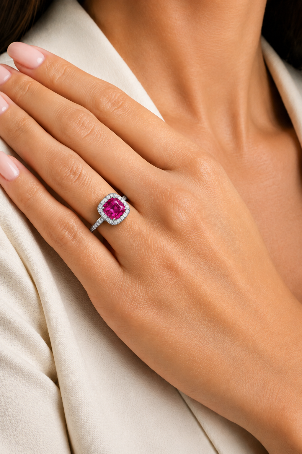 Natural Purple Spinel Diamond Halo Handcrafted Gold Ring Model