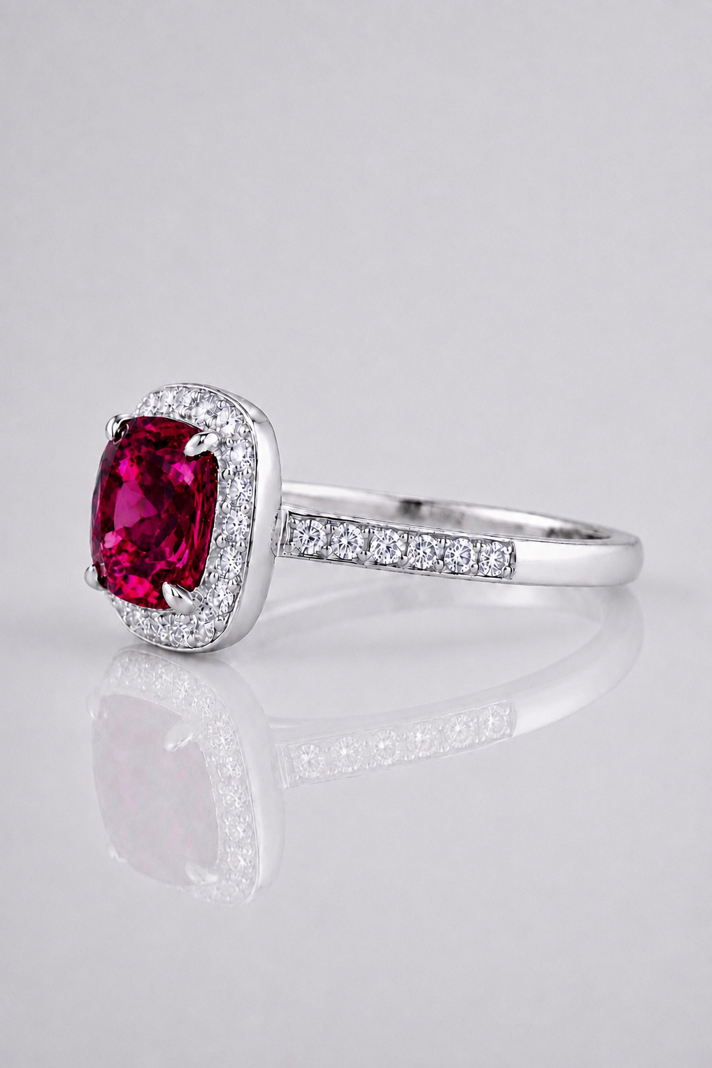 Natural Purple Spinel Diamond Halo Handcrafted Platinum Ring