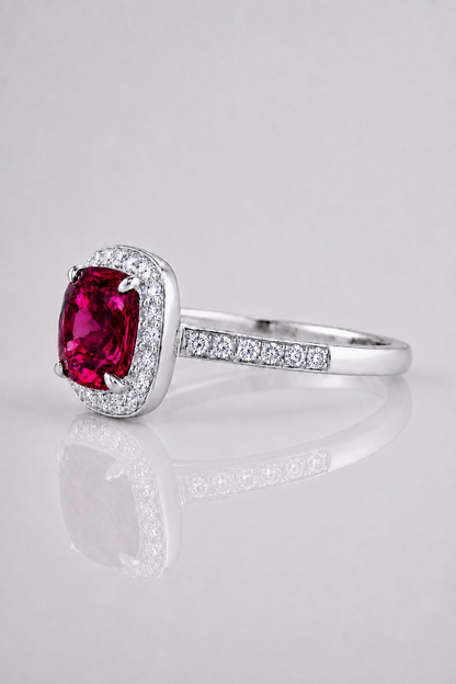 Natural Purple Spinel Diamond Halo Handcrafted Platinum Ring
