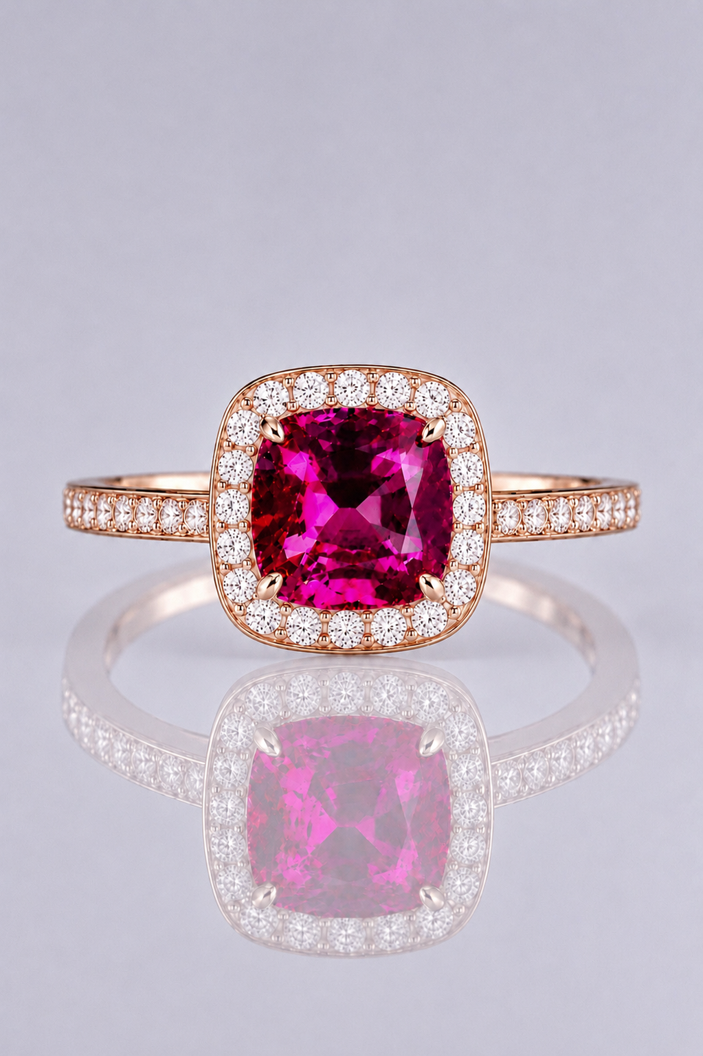 Natural Purple Spinel Diamond Halo Handcrafted Rose Gold Ring