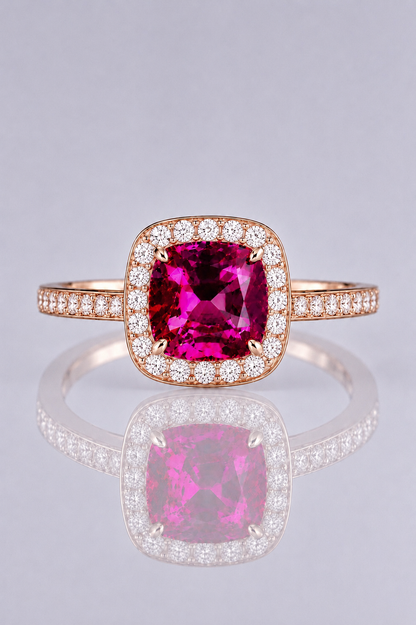 Natural Purple Spinel Diamond Halo Handcrafted Rose Gold Ring