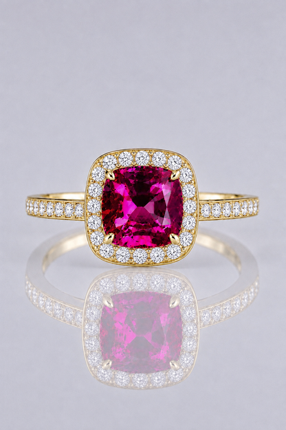 Natural Purple Spinel Diamond Halo Handcrafted Yellow Gold Ring
