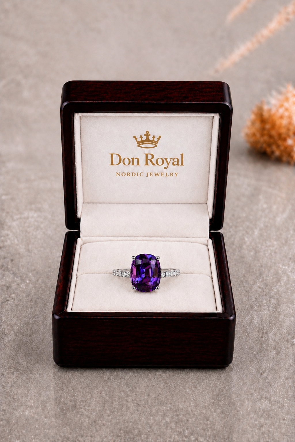 Natural Purple Spinel Diamond Handcrafted Gold Ring Box