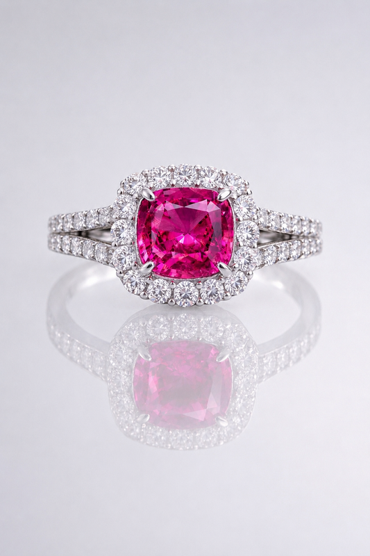 Natural Purplish Pink Sapphire Diamond Halo White Gold Ring