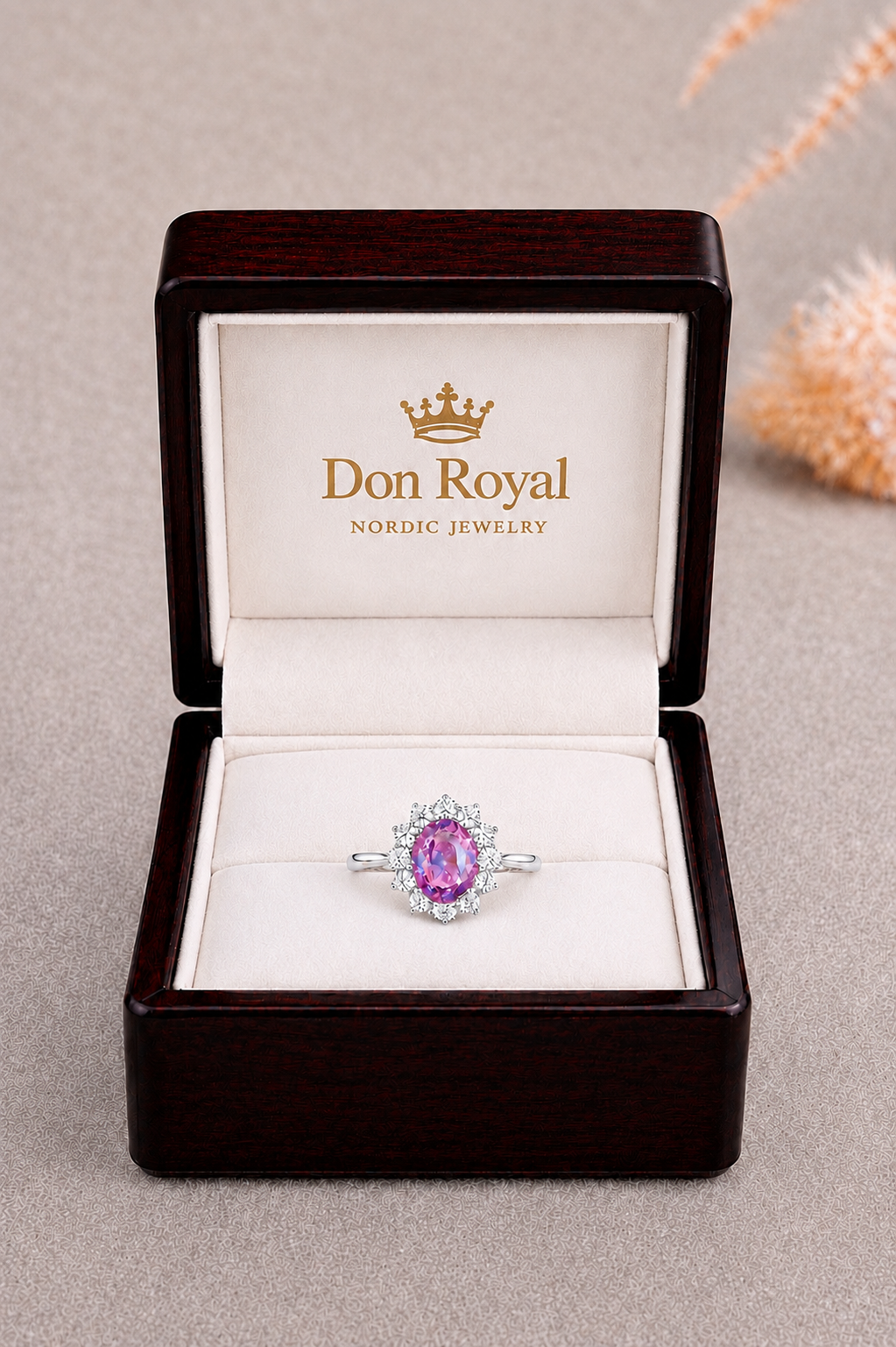 Natural Purplish Pink Spinel Diamond Halo Handcrafted Gold Ring Box