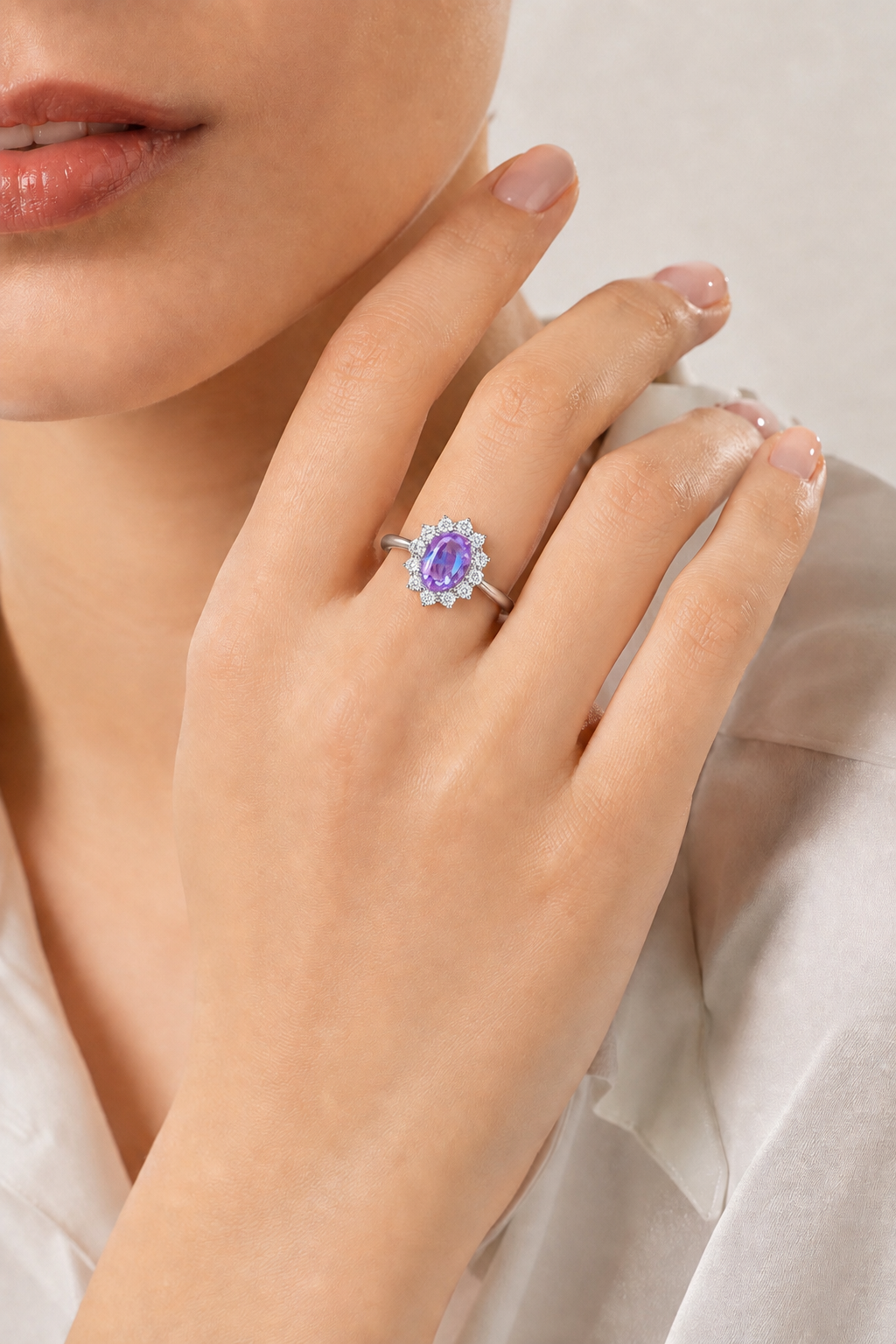 Natural Purplish Pink Spinel Diamond Halo Handcrafted Gold Ring Model