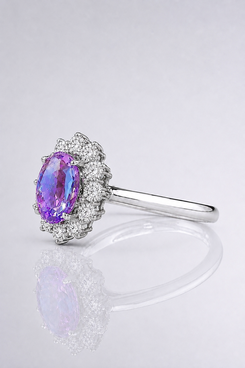 Natural Purplish Pink Spinel Diamond Halo Handcrafted Platinum Ring