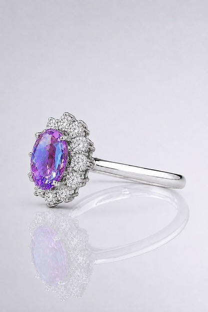 Natural Purplish Pink Spinel Diamond Halo Handcrafted Platinum Ring