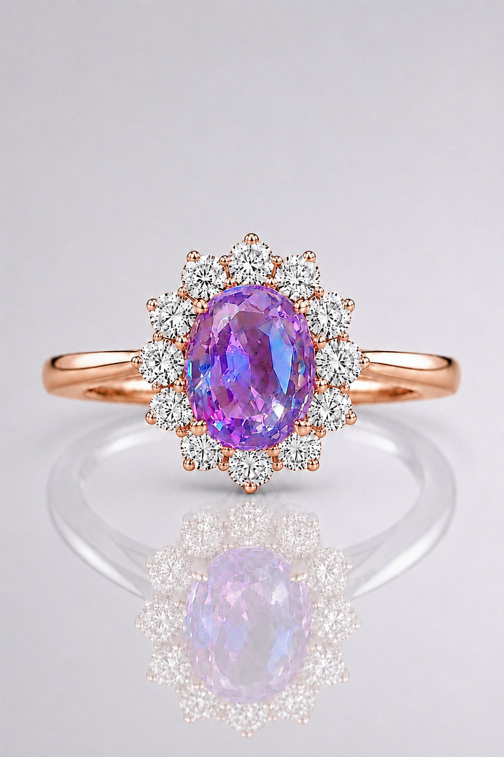 Natural Purplish Pink Spinel Diamond Halo Handcrafted Rose Gold Ring