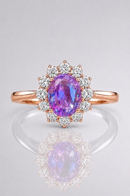 Natural Purplish Pink Spinel Diamond Halo Handcrafted Rose Gold Ring