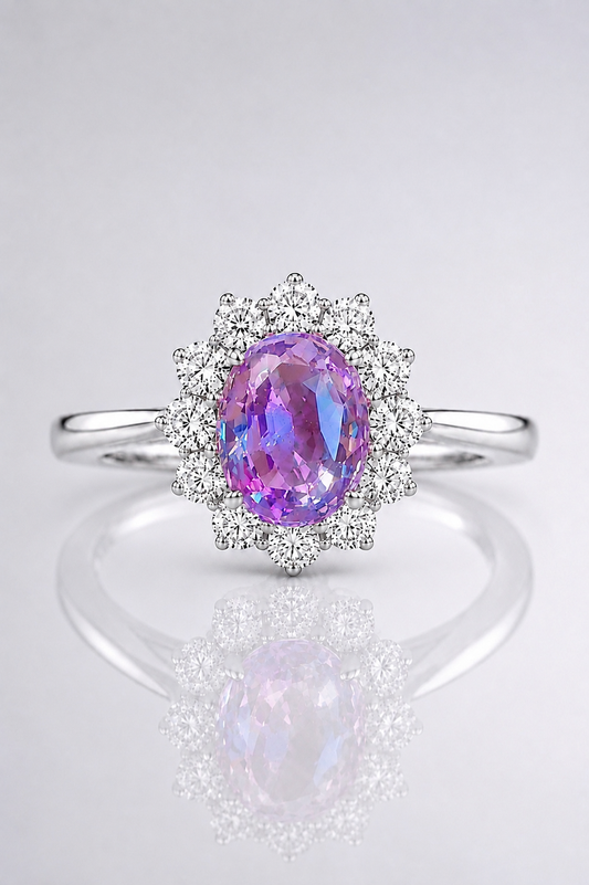 Natural Purplish Pink Spinel Diamond Halo Handcrafted White Gold Ring