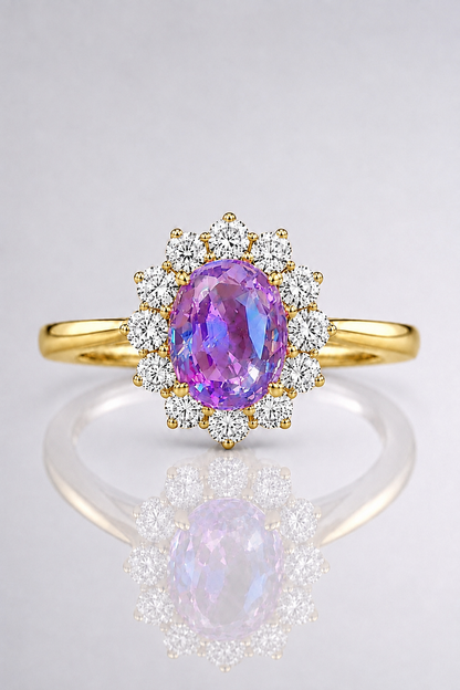 Natural Purplish Pink Spinel Diamond Halo Handcrafted Yellow Gold Ring
