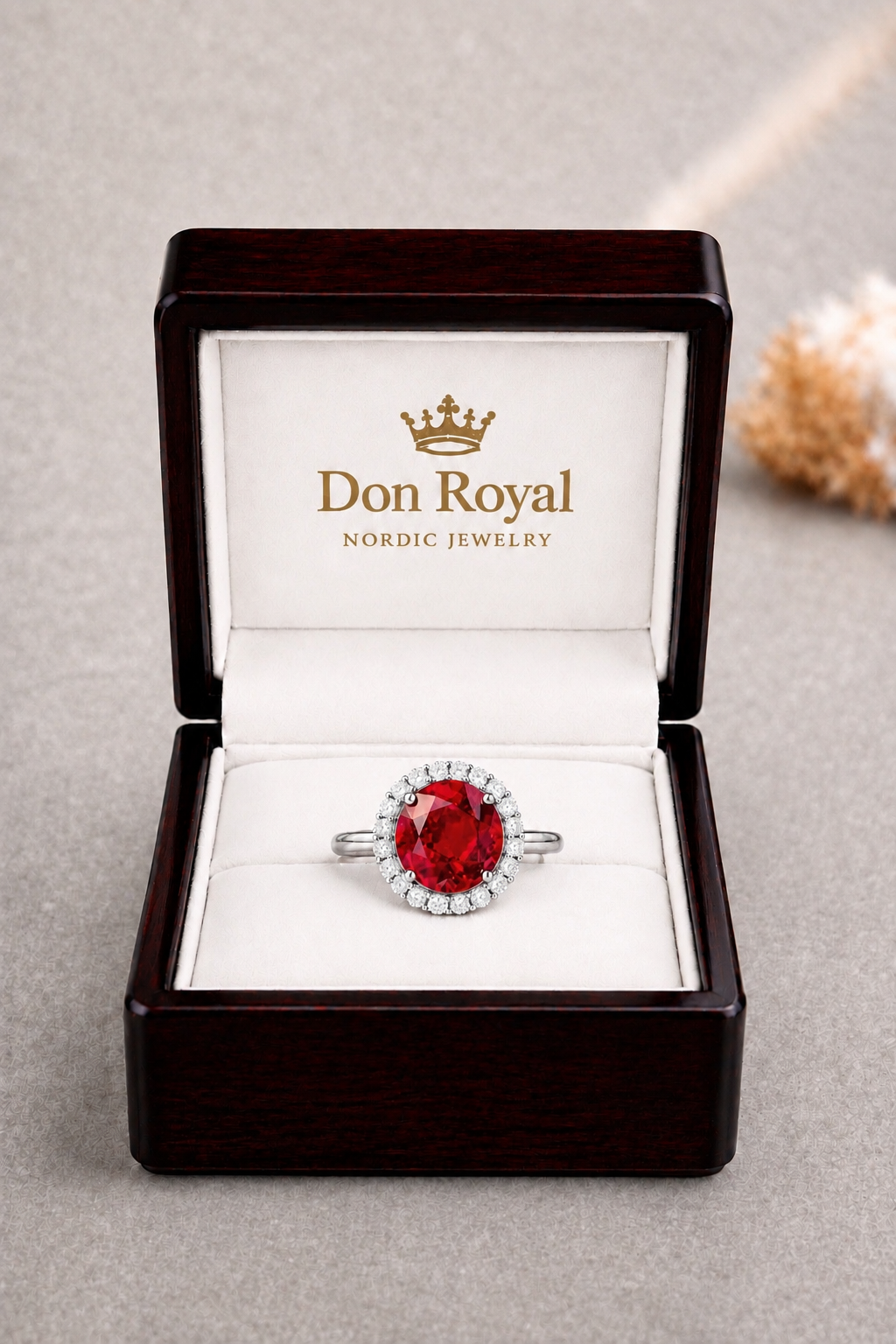 Natural Red Rhodolite Garnet Diamond Halo Handcrafted Gold Ring Box