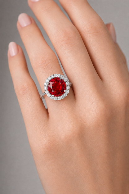 Natural Red Rhodolite Garnet Diamond Halo Handcrafted Gold Ring Model