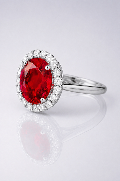 Natural Red Rhodolite Garnet Diamond Halo Handcrafted Platinum Ring