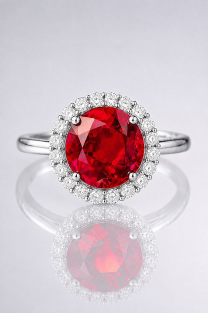 Natural Red Rhodolite Garnet Diamond Halo Handcrafted White Gold Ring