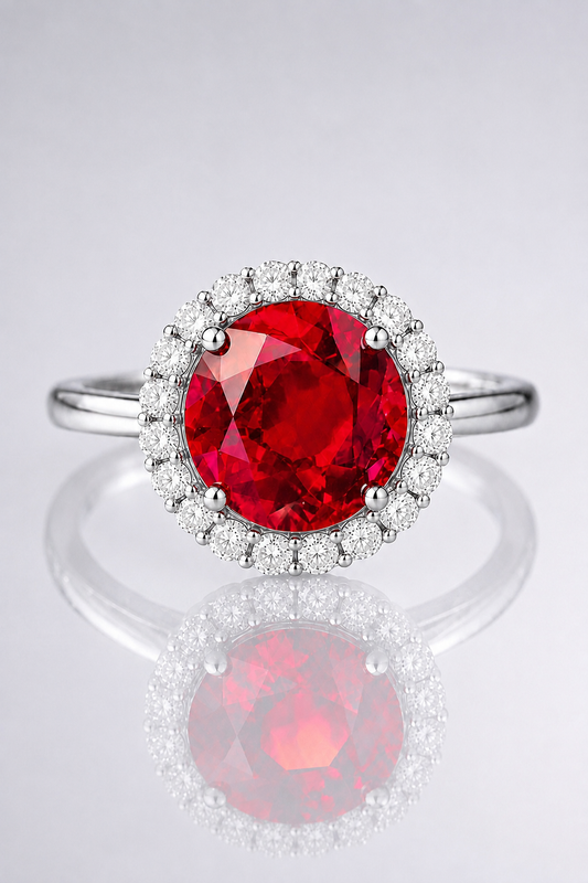 Natural Red Rhodolite Garnet Diamond Halo Handcrafted White Gold Ring