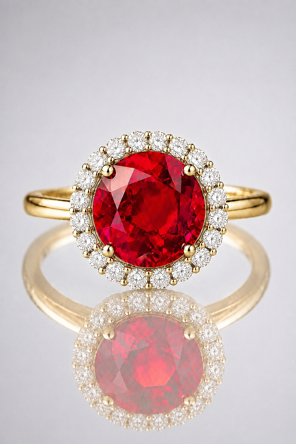 Natural Red Rhodolite Garnet Diamond Halo Handcrafted Yellow Gold Ring