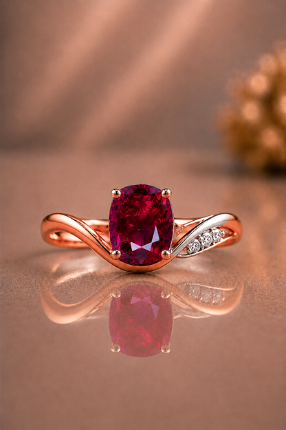 natural  red ruby diamond handcrafted two-tone gold ring one of a kind in rose