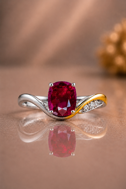 natural  red ruby diamond handcrafted two-tone gold ring one of a kind in white