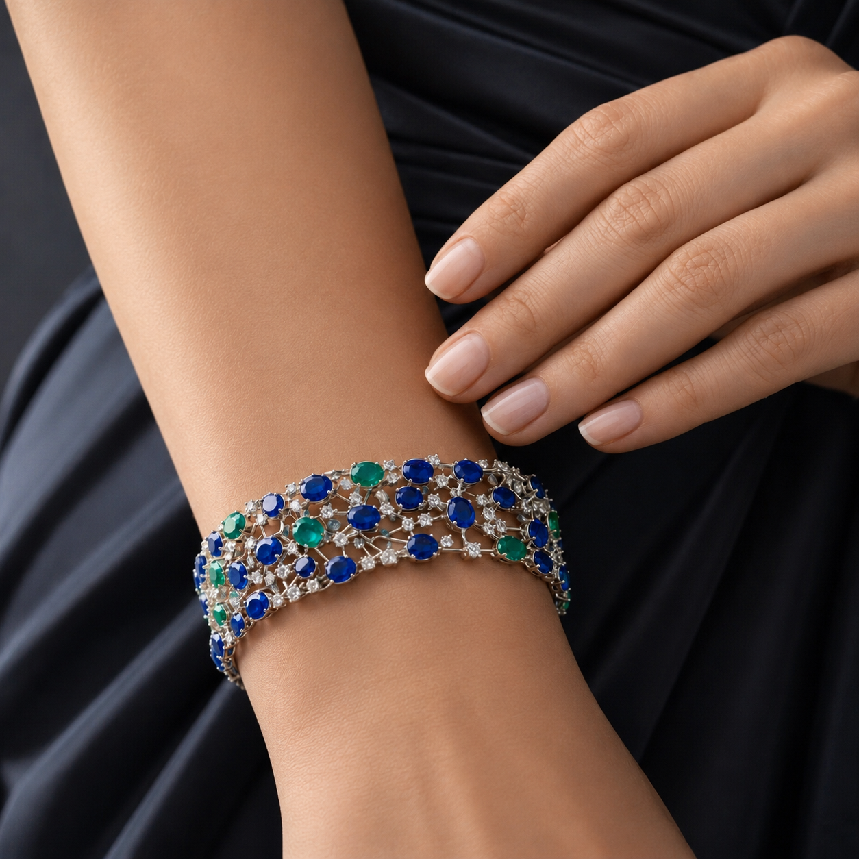 Natural Sapphire Emerald Diamond Handcrafted Gold Bracelet Model
