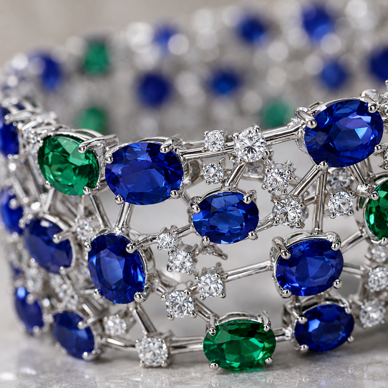 Natural Sapphire Emerald Diamond Handcrafted Platinum Bracelet