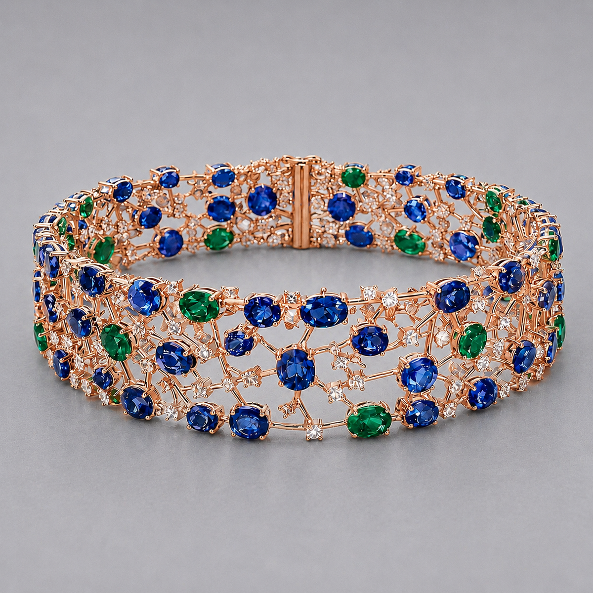 Natural Sapphire Emerald Diamond Handcrafted Rose Gold Bracelet