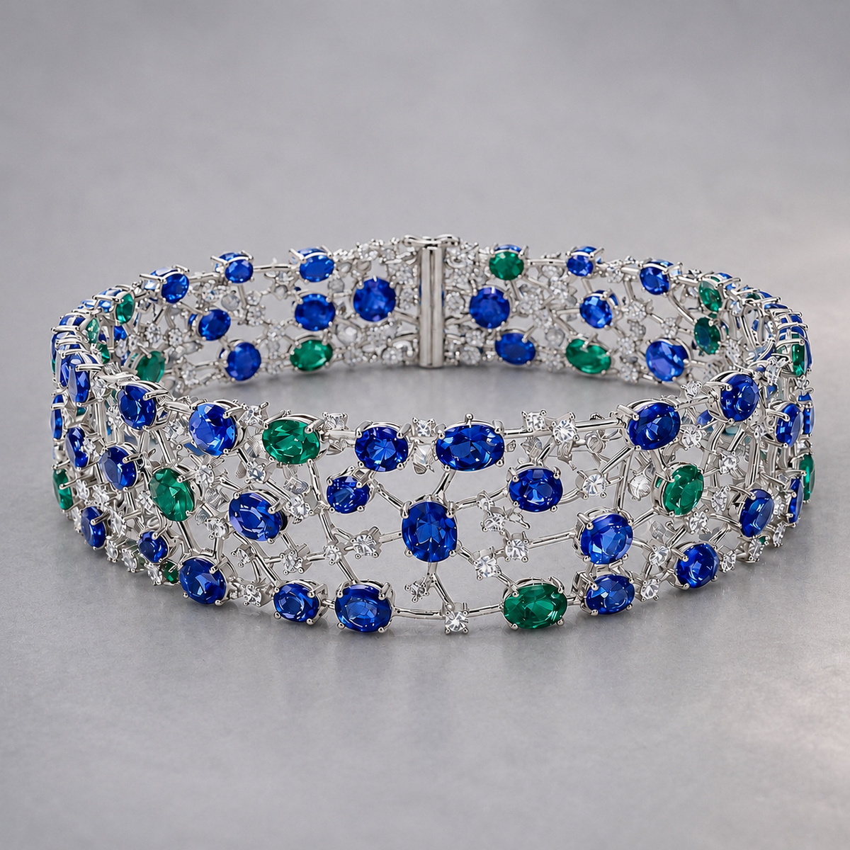 Natural Sapphire Emerald Diamond Handcrafted White Gold Bracelet