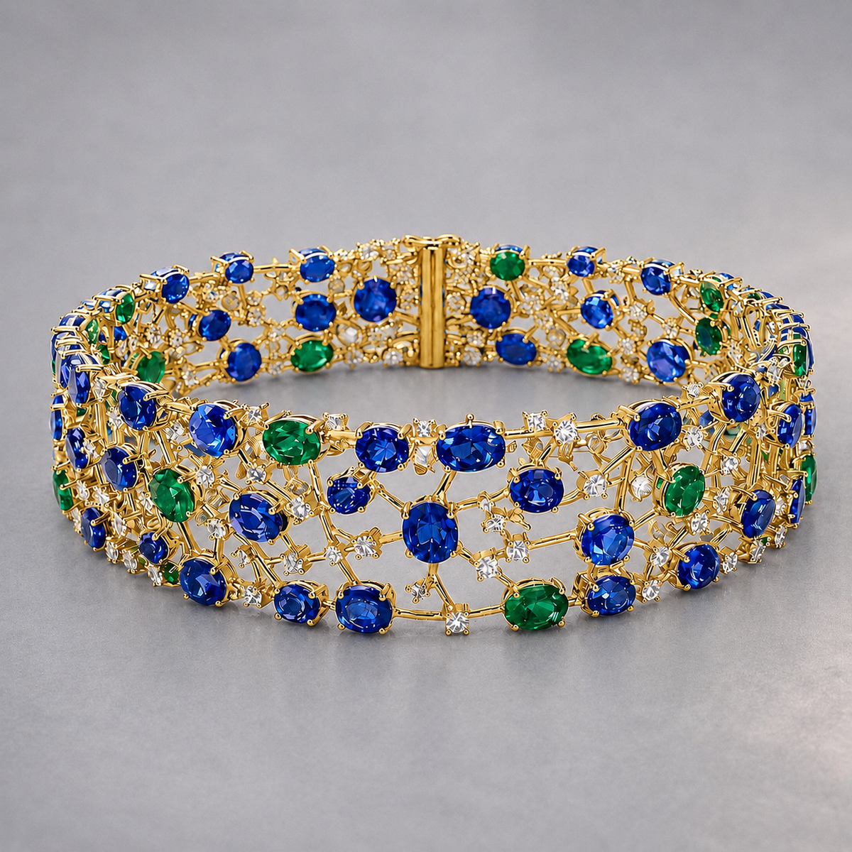 Natural Sapphire Emerald Diamond Handcrafted Yellow Gold Bracelet