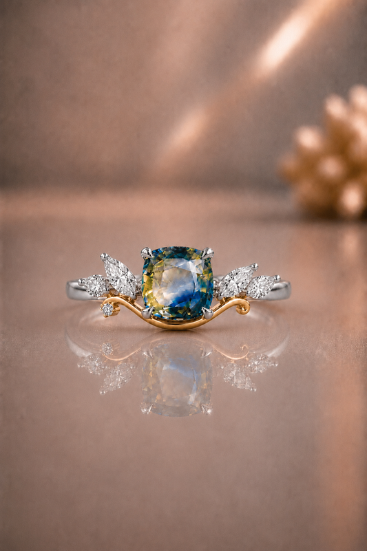 natural  unheated bicolor sapphire diamond handcrafted two-tone gold ring one of a kind in white