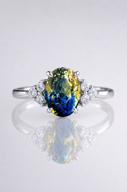 Natural Unheated Bicolor Sapphire Diamond Handcrafted White Gold Ring