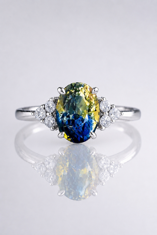 Natural Unheated Bicolor Sapphire Diamond Handcrafted White Gold Ring