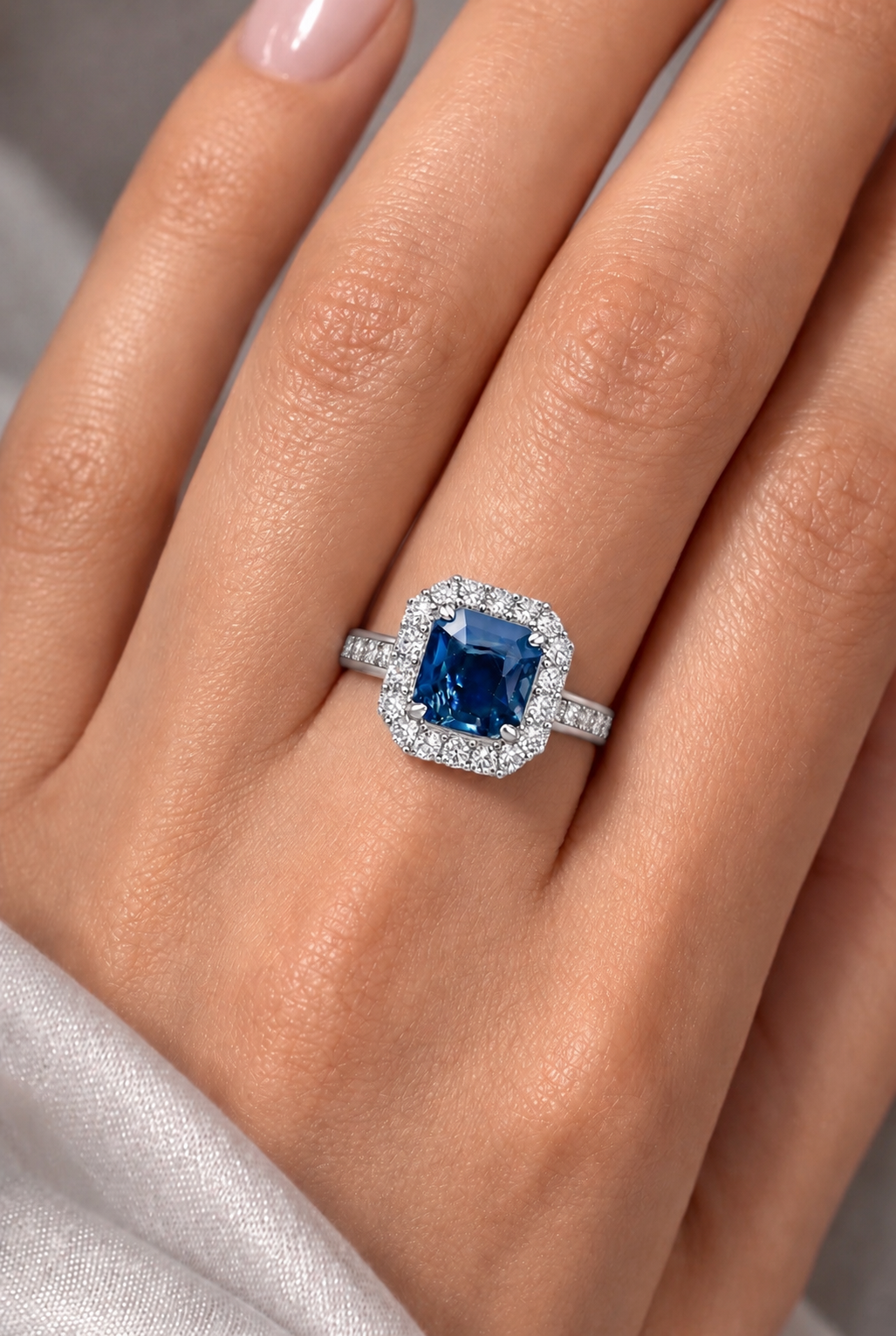 Natural Unheated Blue Sapphire Diamond Halo Gold Ring