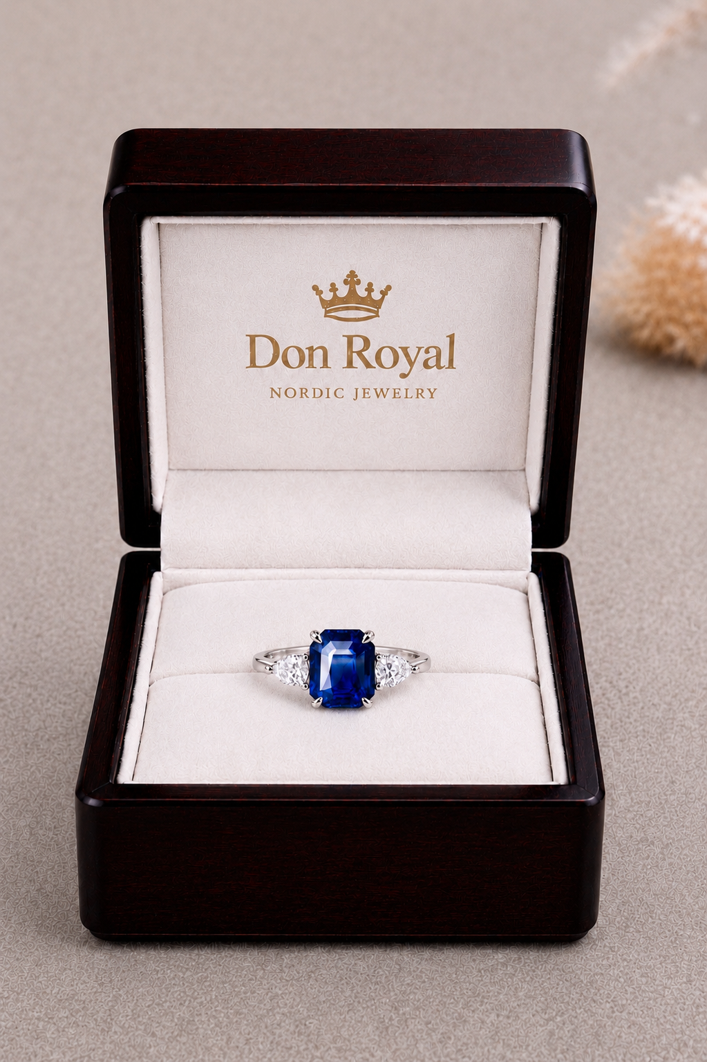 Natural Unheated Blue Sapphire Diamond Halo Handcrafted Gold Ring Box