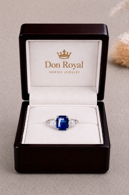 Natural Unheated Blue Sapphire Diamond Halo Handcrafted Gold Ring Box