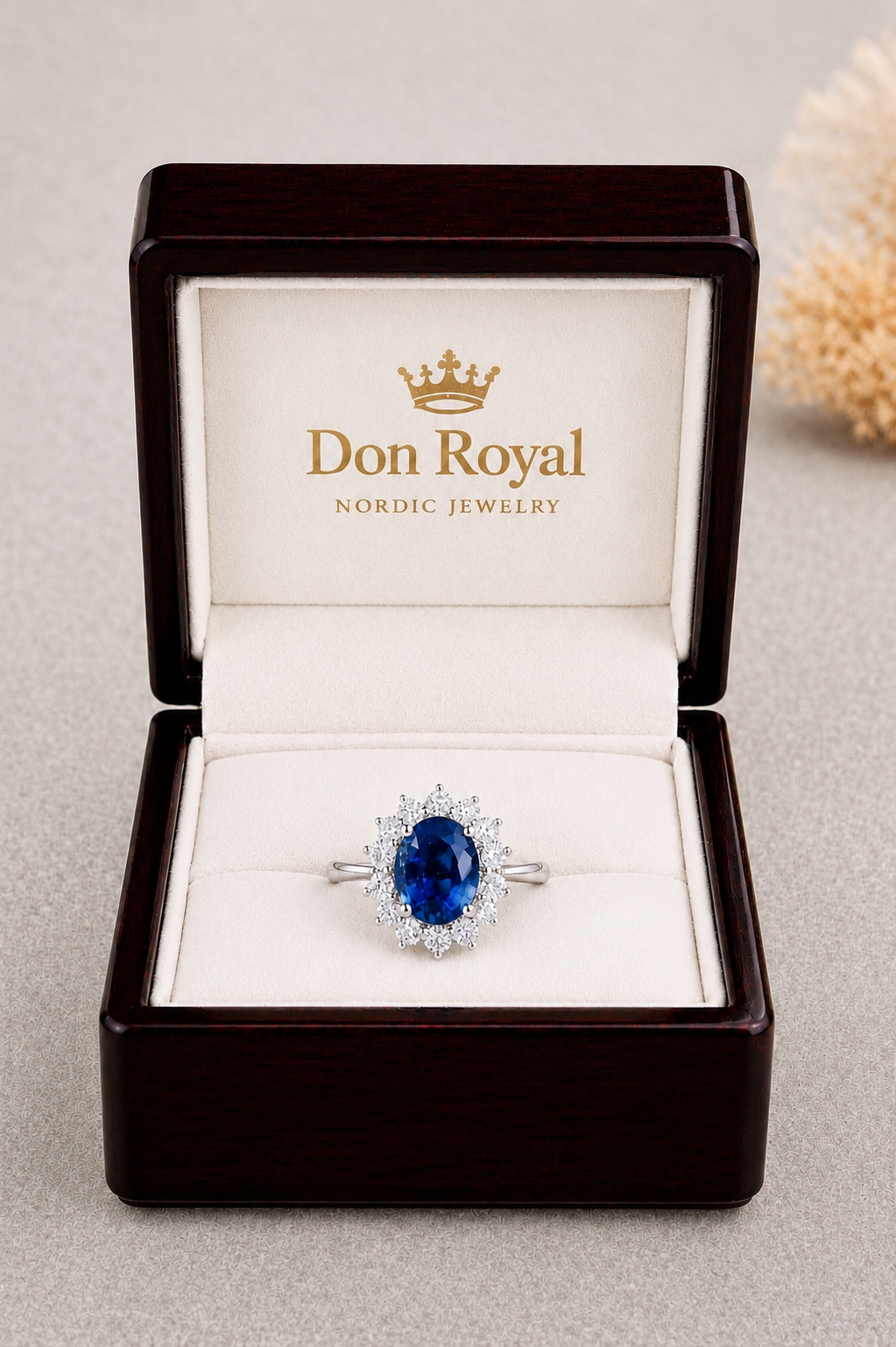 Natural Unheated Blue Sapphire Diamond Halo Handcrafted Gold Ring Box