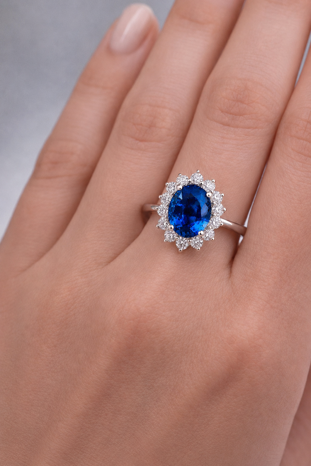 Natural Unheated Blue Sapphire Diamond Halo Handcrafted Gold Ring Model