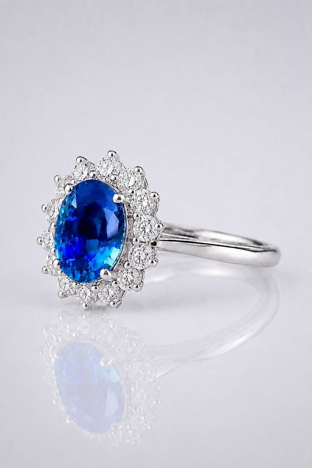 Natural Unheated Blue Sapphire Diamond Halo Handcrafted Platinum Ring