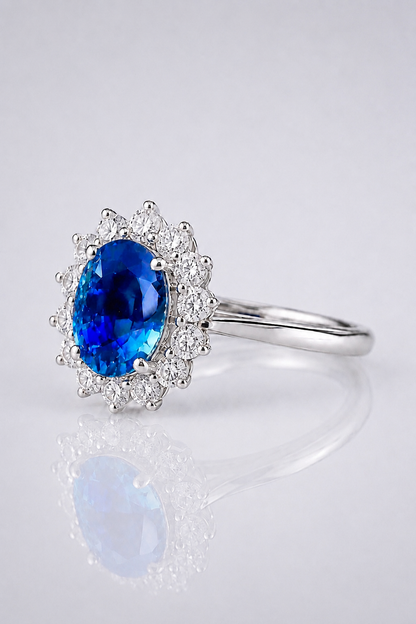 Natural Unheated Blue Sapphire Diamond Halo Handcrafted Platinum Ring