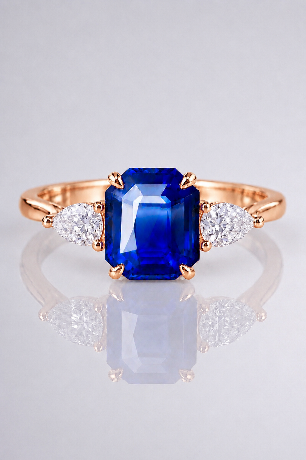Natural Unheated Blue Sapphire Diamond Halo Handcrafted Rose Gold Ring