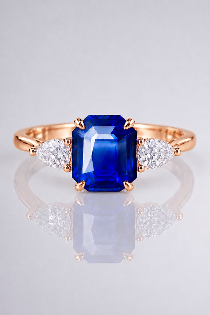 Natural Unheated Blue Sapphire Diamond Halo Handcrafted Rose Gold Ring