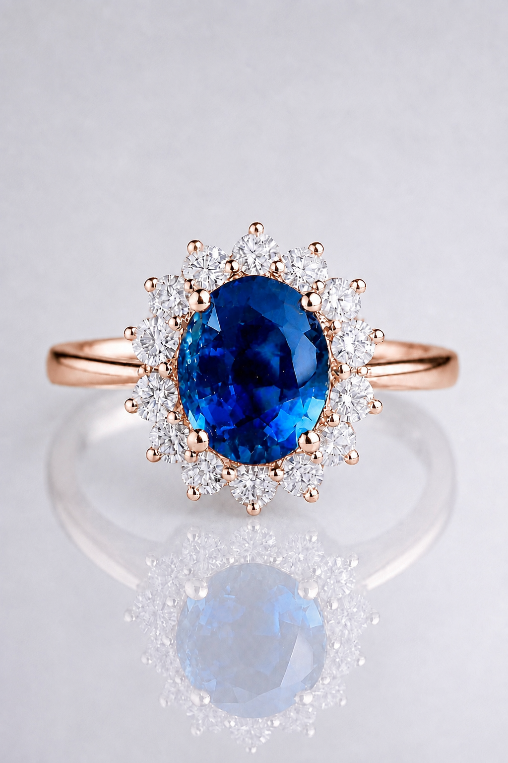 Natural Unheated Blue Sapphire Diamond Halo Handcrafted Rose Gold Ring