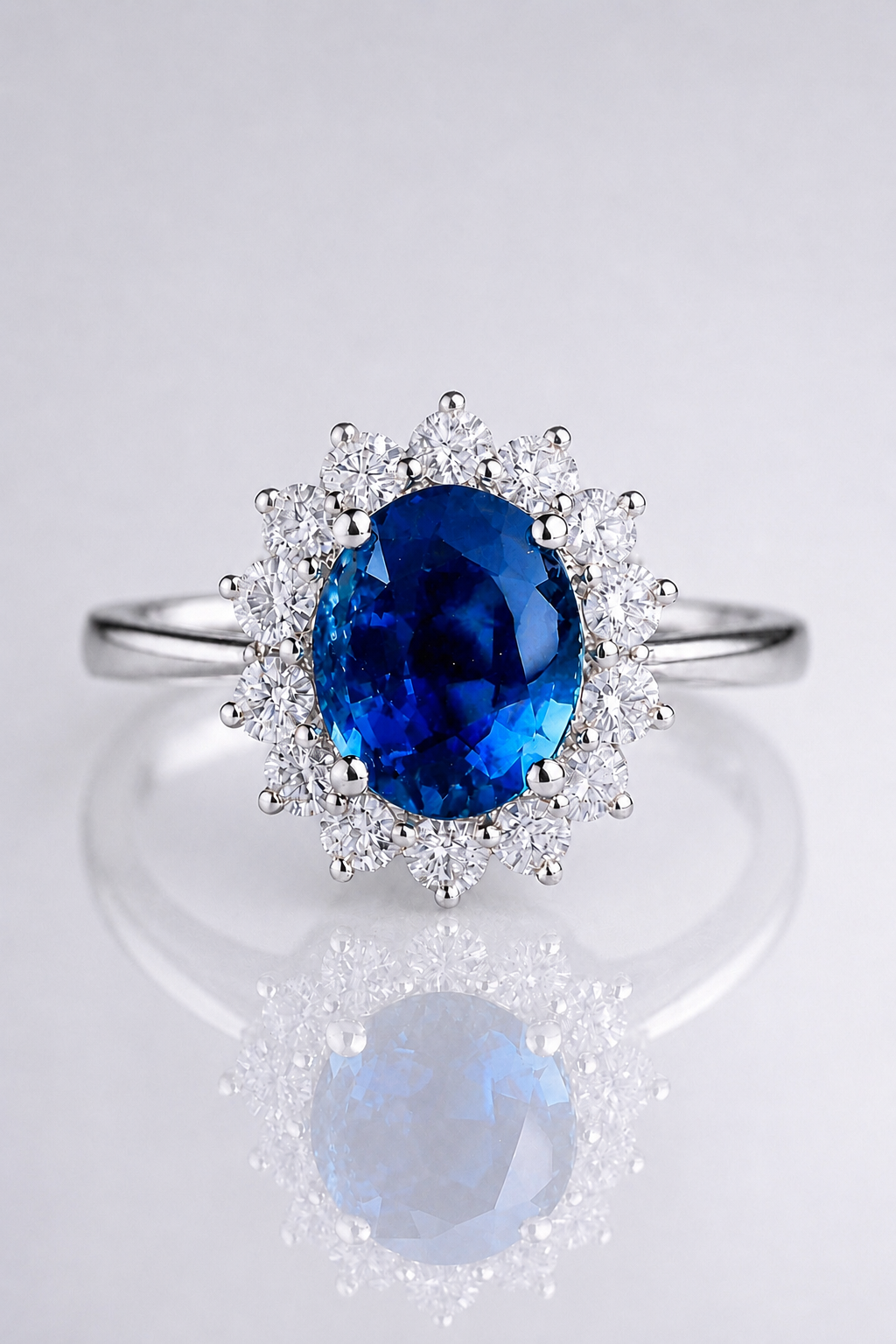 Natural Unheated Blue Sapphire Diamond Halo Handcrafted White Gold Ring