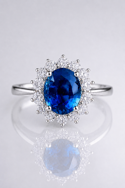 Natural Unheated Blue Sapphire Diamond Halo Handcrafted White Gold Ring