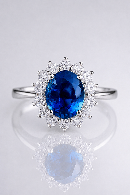 Natural Unheated Blue Sapphire Diamond Halo Handcrafted White Gold Ring